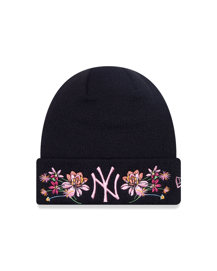 New York Yankees Womens Floral Cuff Black Beanie
