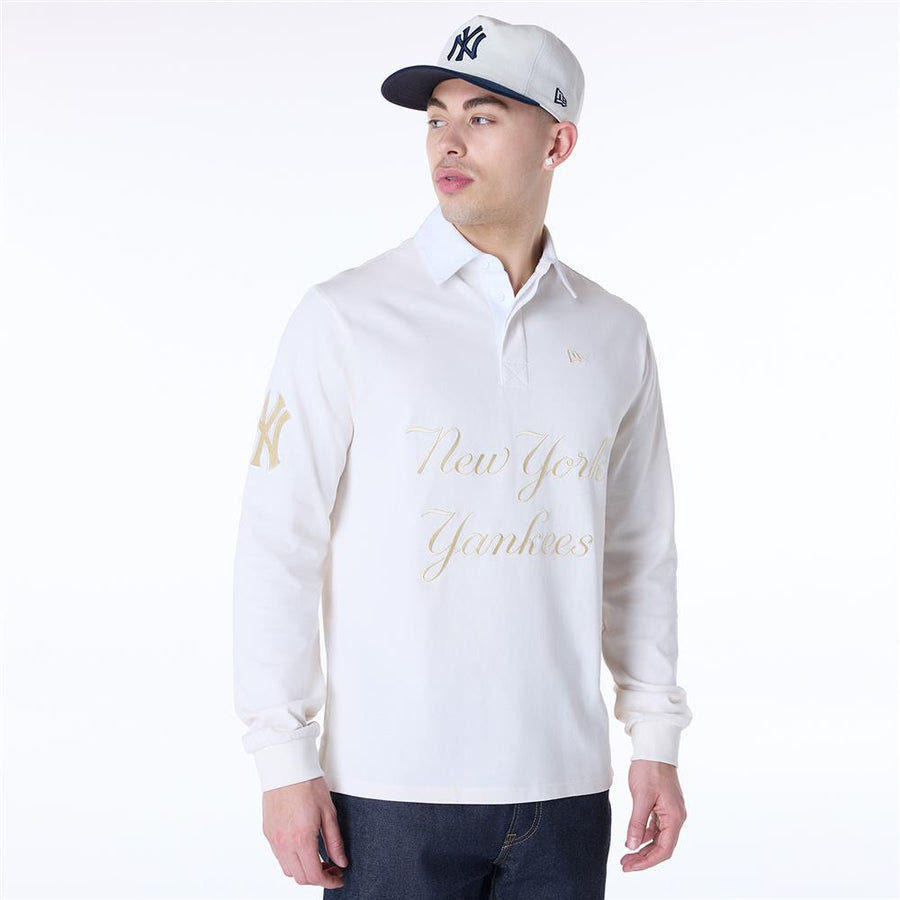 New York Yankees Rugby MLB Script Long Sleeve White Polo