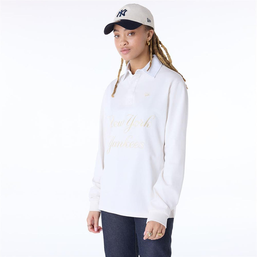 New York Yankees Rugby MLB Script Long Sleeve White Polo