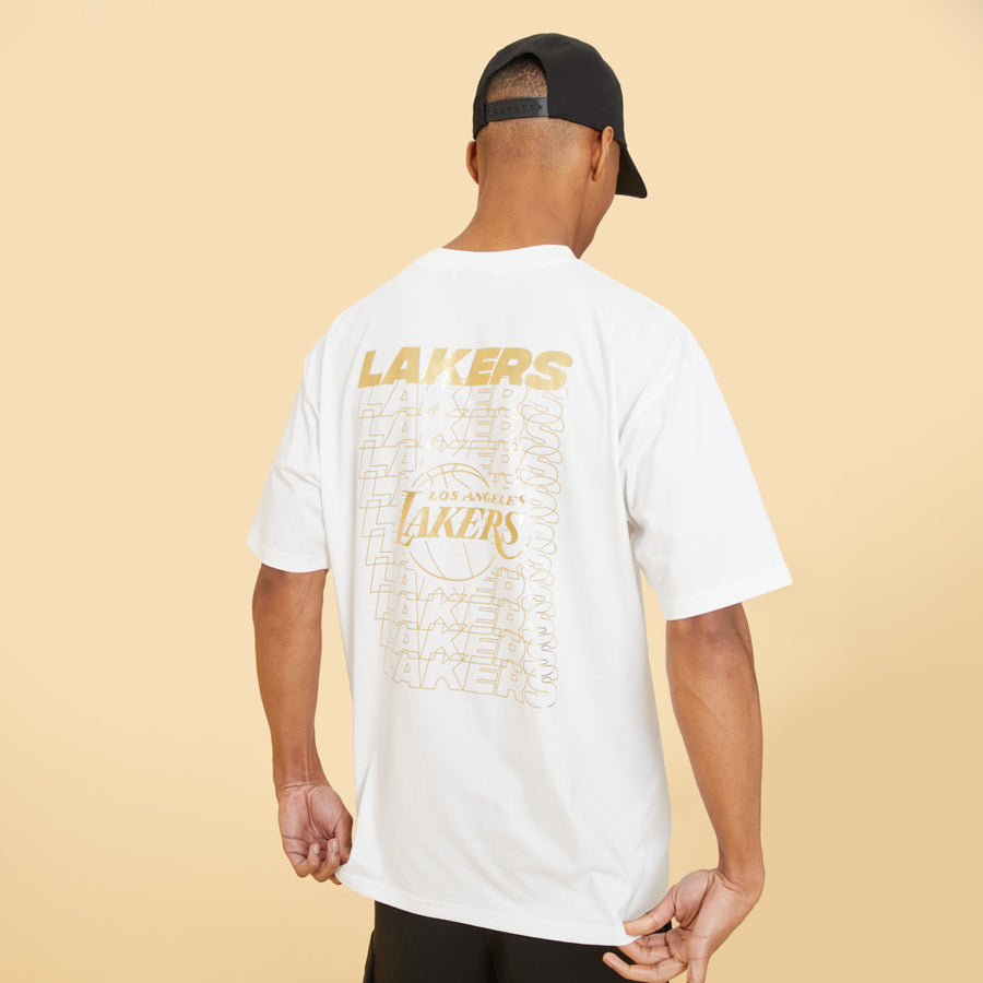 Los Angeles Lakers Oversized Nba Stacked Metallic Print White Tee