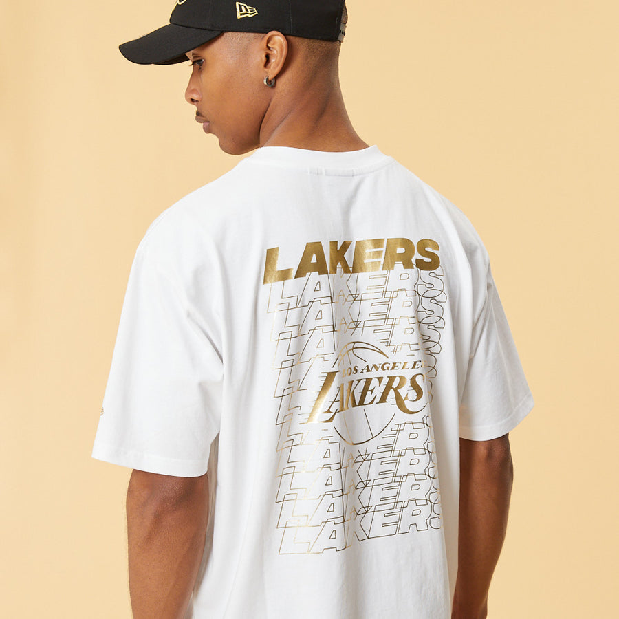 Los Angeles Lakers Oversized Nba Stacked Metallic Print White Tee